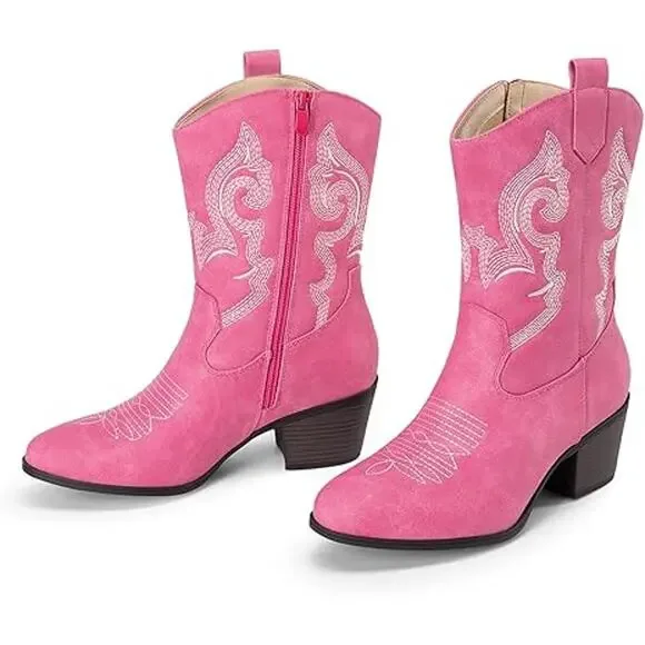 Dream Pairs Womens 8.5 Faux Pink Leather 2.25" Block Heel Mid Calf Cowboy Boots - Picture 3 of 8